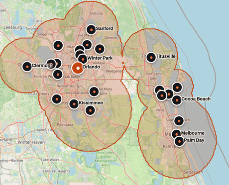 Cobertura de servicio de Pure Air and Heating en los condados de Orange, Seminole, Brevard, Osceola y Lake en Florida Central.